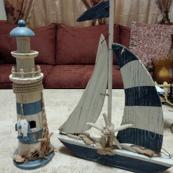 ⛵Vintage Wooden Rustic Lighthouse and Sailboat Beach Decor, Nautical⛵🌺 - Picture 8 of 8